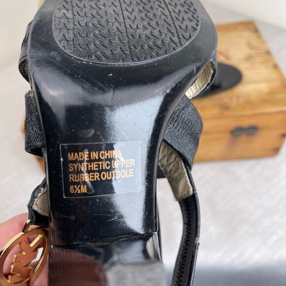 Michael Kors Black Patent Elastic Strap Heels 6.5M MK Logo Cone Heel Sandals - Picture 9 of 9